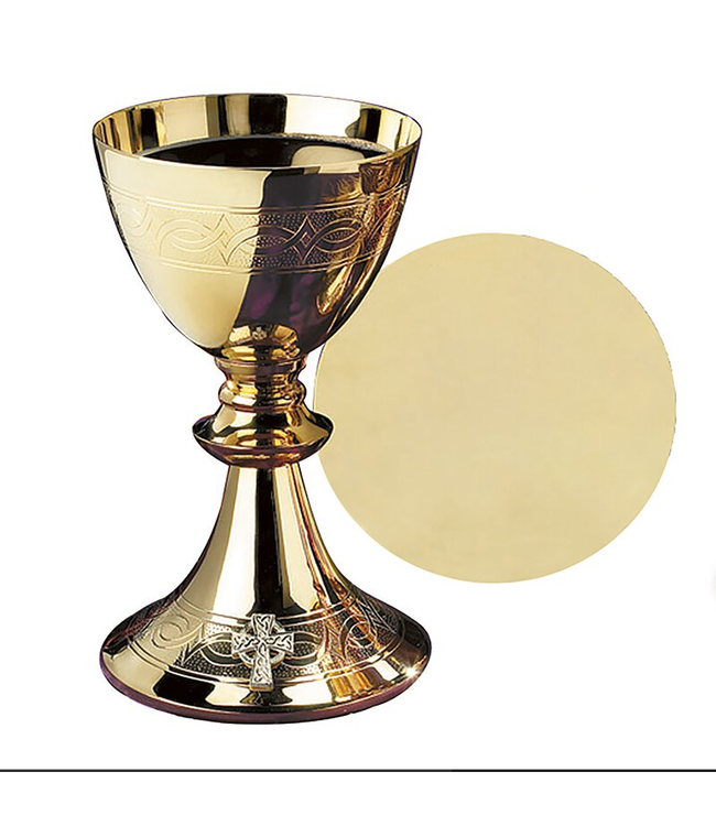 Etched Celtic Cross Chalice With Paten -Gold Plated Brass