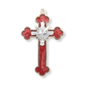 Red Enameled Cross With Holy Spirit and Chalice by William J Hirten