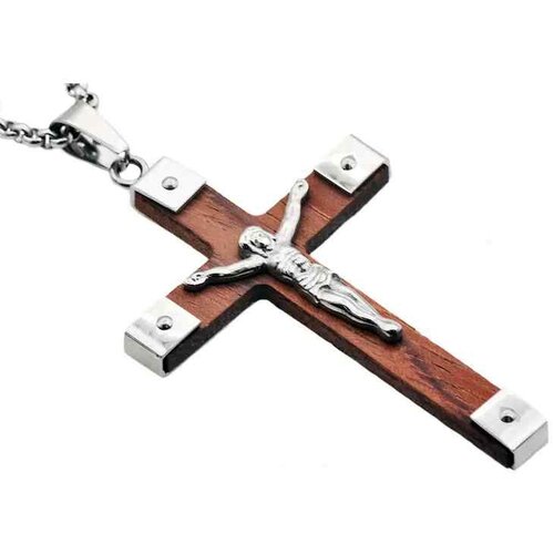 Men's Wood and Stainless Steel Cross Pendant