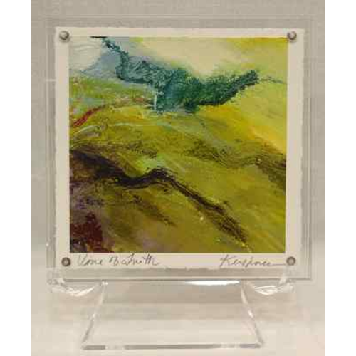 "Vine of Truth" oil and cold wax original work on paper by Leigh Kershner - 5x5 acrylic frame on easel