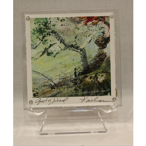 "Gust of Wind" oil and cold wax original work on paper by Leigh Kershner - 5x5 acrylic frame on easel