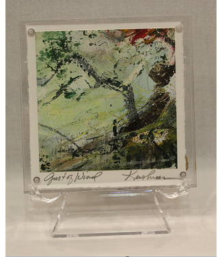 "Gust of Wind" oil and cold wax original work on paper by Leigh Kershner - 5x5 acrylic frame on easel