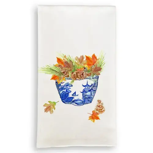 Blue & White Bowl with Fall Leaves Dishtowel