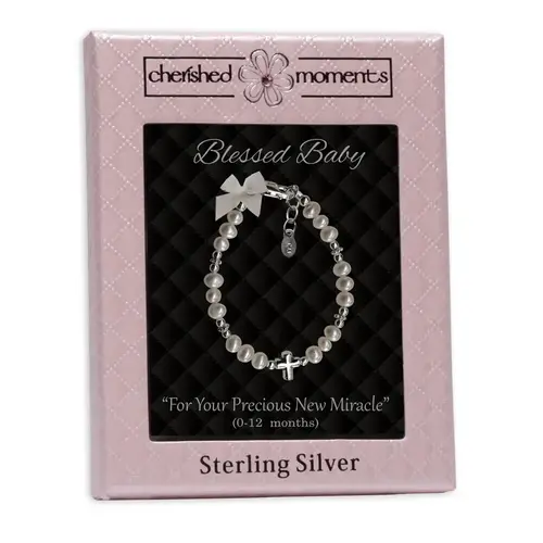 Girls Sterling Silver Pearl Cross Baby Bracelet Baptism Gift