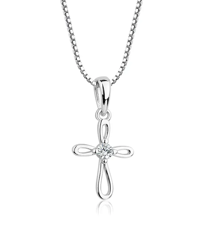 Sterling Silver Cross Necklace - White Cz 14"
