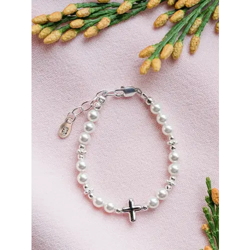 Girls Sterling Silver Pearl Cross Baby Bracelet Baptism Gift