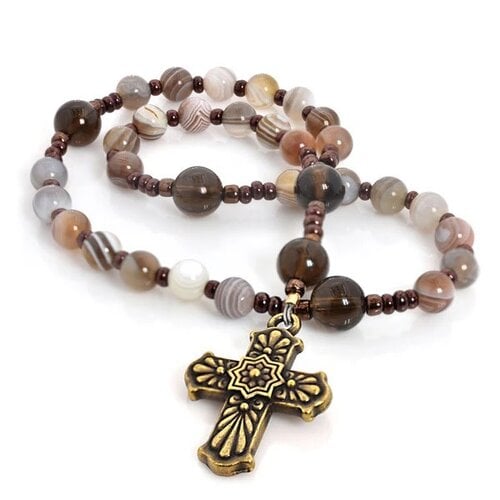 Botswana Agate & Smoky Quartz 33-Bead Prayer Beads