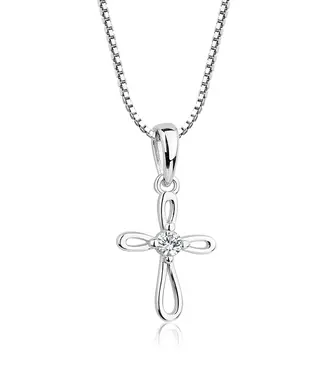 Sterling Silver Cross Necklace - White Cz 16-18"