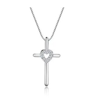 Sterling Silver Cross Necklace Cz Heart 14"