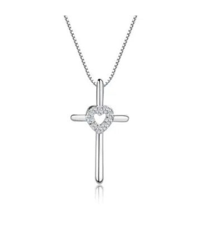 Sterling Silver Cross Necklace Cz Heart 14"