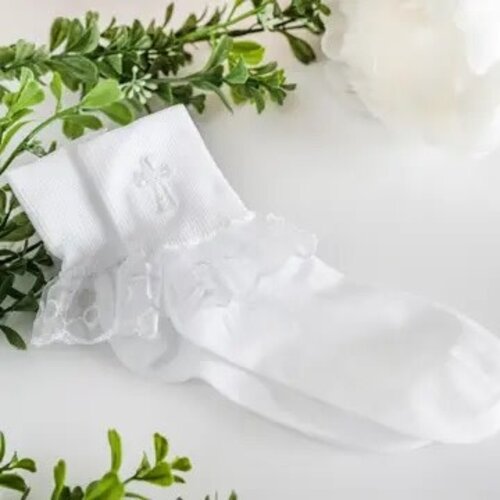 White Girl's Lace First Communion Socks with Cross