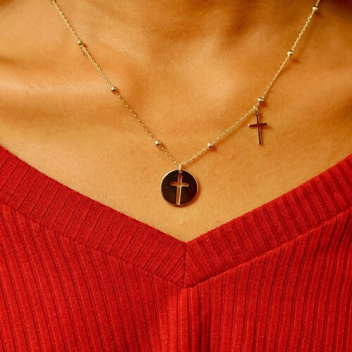 Sterling Silver Gold Open Cross Disc Polished Cross Necklace