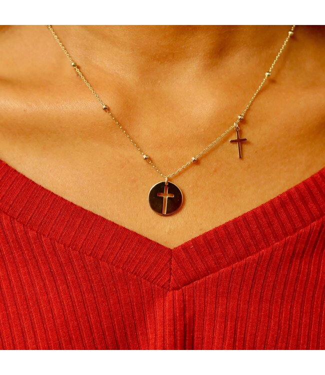Sterling Silver Gold Open Cross Disc Polished Cross Necklace