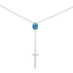 Sterling Silver Drop Down Cross Necklace with Blue Opal