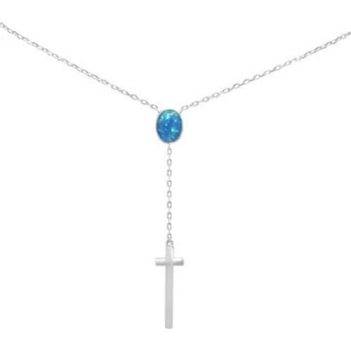 Sterling Silver Drop Down Cross Necklace with Blue Opal