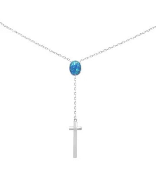 Sterling Silver Drop Down Cross Necklace with Blue Opal