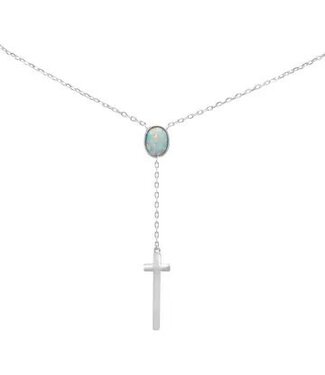 Sterling Silver Drop Down Cross Necklace with White Opal