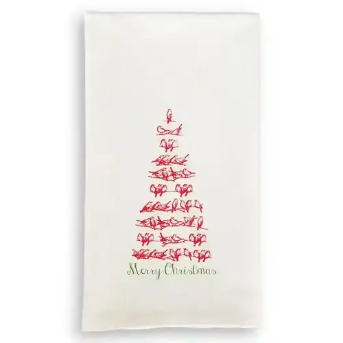 French Graffiti Red Bird Tree with Merry Christmas Dishtowel