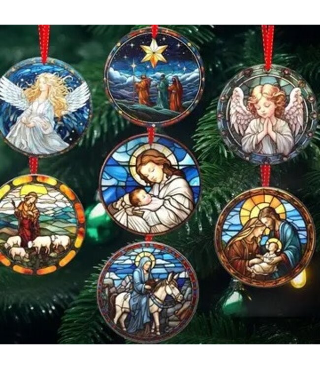 Heavenly Glow - Set of 7 Stained Glass Nativity Scene Ornaments For Christmas Tree Decor