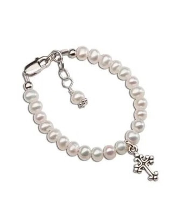 Sterling Silver Pearl and Cross Baby Bracelet
