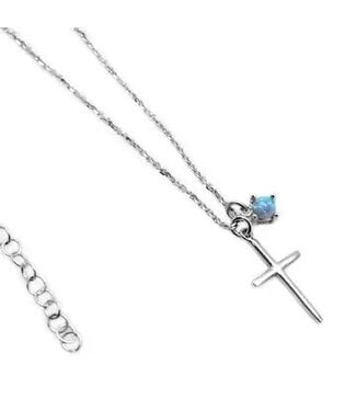 Sterling Silver Cross Necklace with Opal Dangle Charm 16-18"