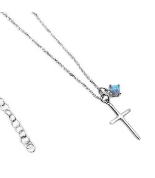 Sterling Silver Cross Necklace with Opal Dangle Charm 16-18"