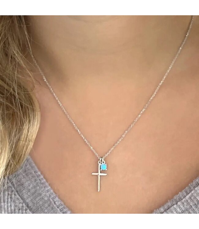 Sterling Silver Cross Necklace with Opal Dangle Charm 16-18"