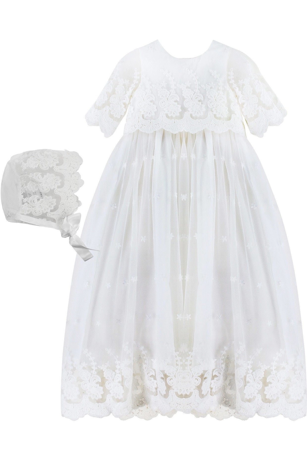 White Lace Christening Gown w/ Matching Bonnet