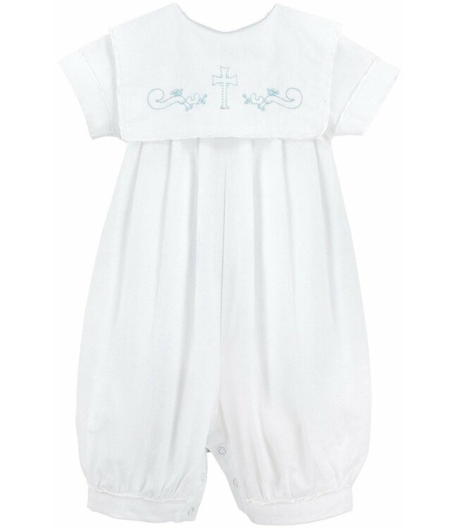 Boy Christening Bib Longall with Blue Embroidered Cross + Bonnet