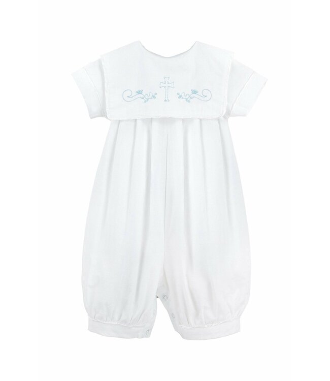 Boy Christening Bib Longall with Blue Embroidered Cross + Bonnet