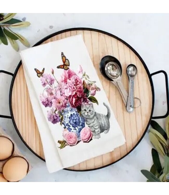 Grey Kitten Flowers Vase Butterflies Tea Towel
