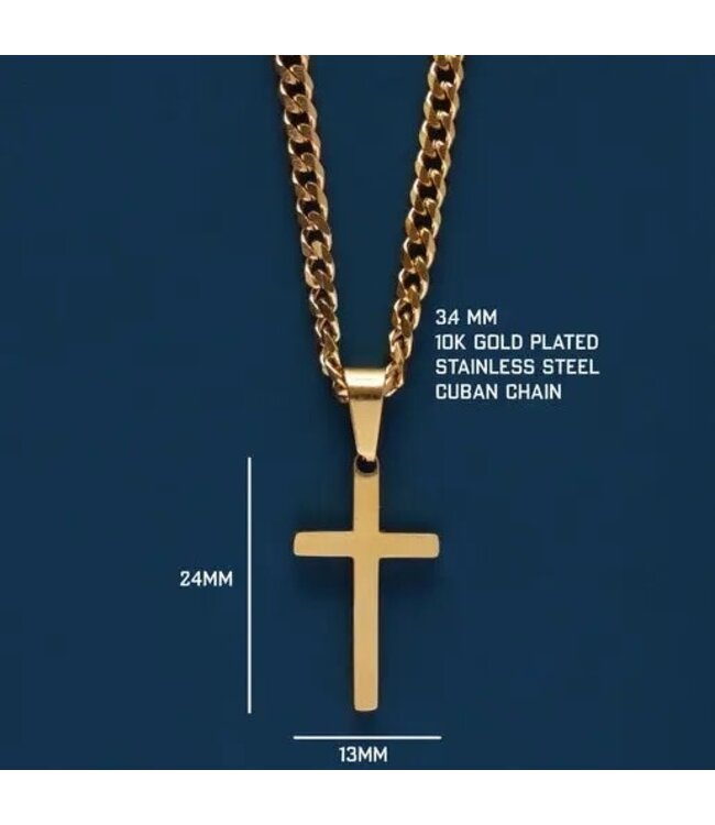 Gold Cross Necklace For Men On Cuban Chain 24"