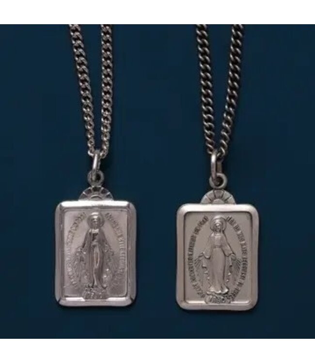 Miraculous Medal Rectangular Shape Pendant Necklace 24"