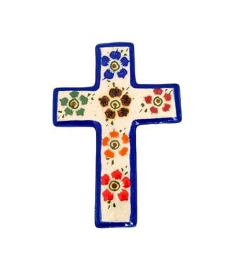 Ceramic Cross with Flowers (Blue Border)
