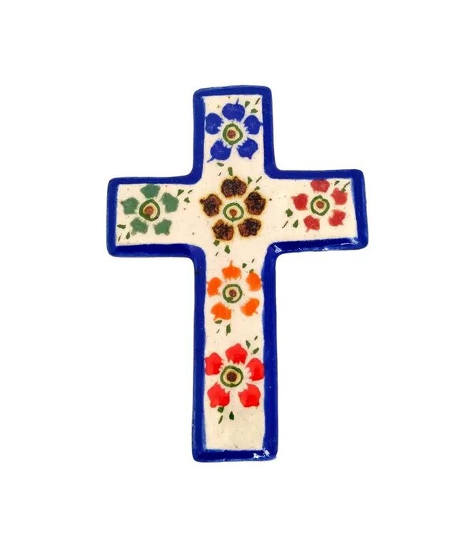 Ceramic Cross with Flowers (Blue Border)