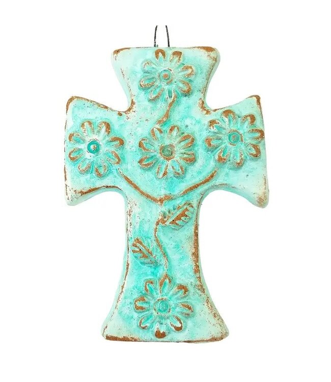 Clay Cross with Flowers (Turquoise)