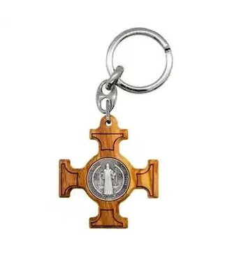 1.75" Olive Wood St. Benedict Cross Keychain