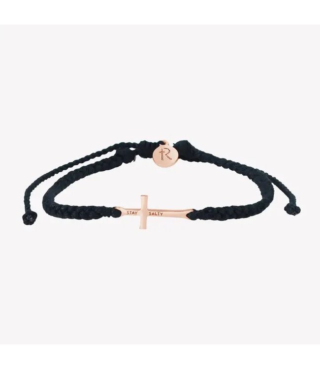 Stay Salty Cross Braided Black Cord Bracelet - Rose Gold