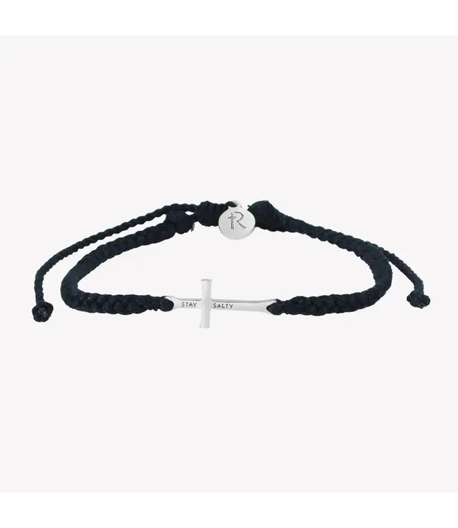 Stay Salty Cross Braided Black Cord Bracelet - Sterling Silver