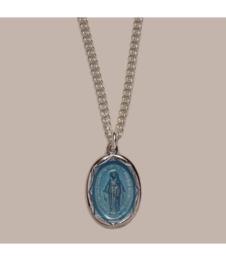 Sterling Silver Blue Enamel Miraculous Medal Oval Pendant Necklace For Men 24"
