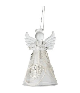 A14190: Glass Angel Orn,Clear,Wht Swag,Slv Glit&Wht Bead,3in