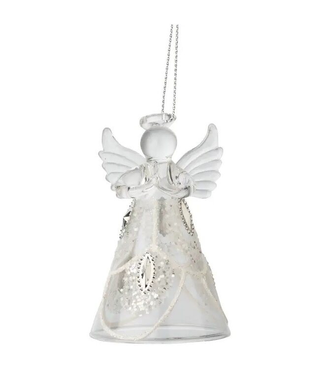 A14190: Glass Angel Orn,Clear,Wht Swag,Slv Glit&Wht Bead,3in