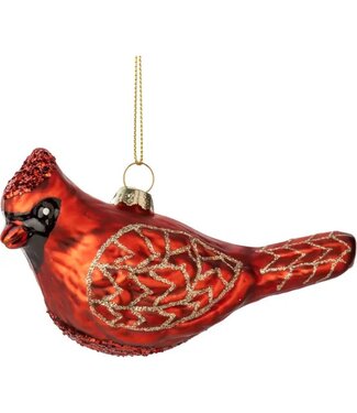A14218: Glass Cardinal Orn,Matte Red,Gld Glit Trim,5.5in