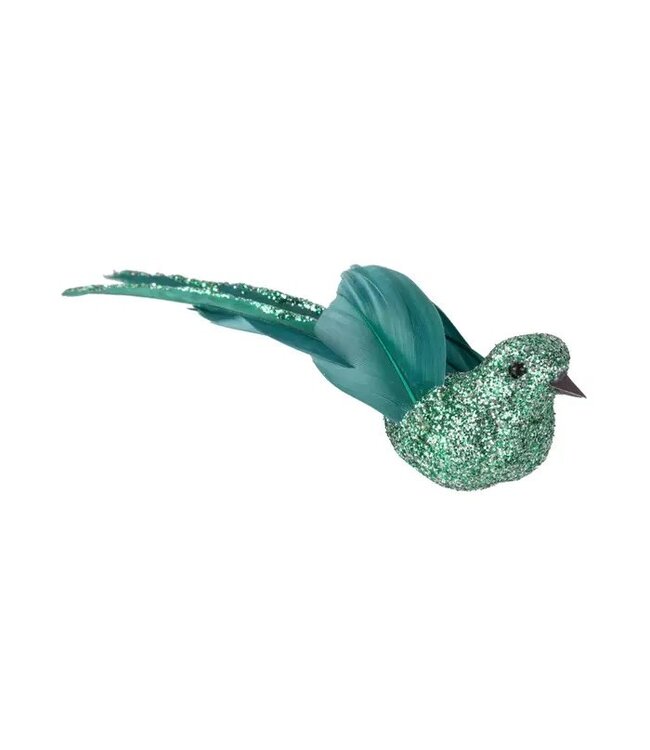 A64239: Green Glitter Bird Clip,Bird Orn,Feather Tail,5in