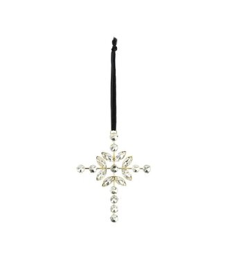 A80586: Clear Glass Jewel On Gold Mtl Frame Cross Orn,4.75in
