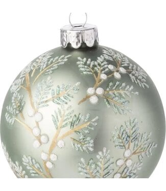 G74184: Matte Glass Ball,Pine Bough/Wht Berries Orn,3in