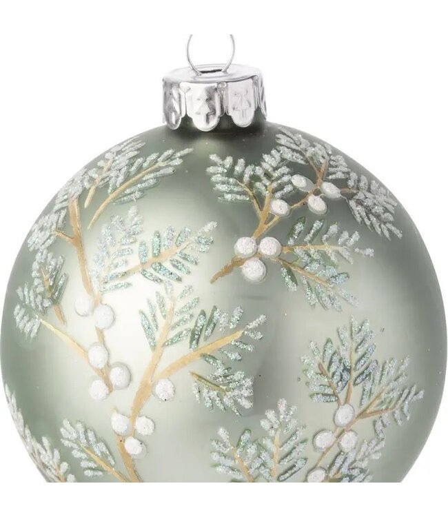 G74184: Matte Glass Ball,Pine Bough/Wht Berries Orn,3in