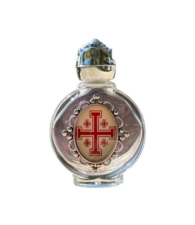 Holy Water Bottle- Holy Sepulcher Cross Encase Rose Top 2.5"