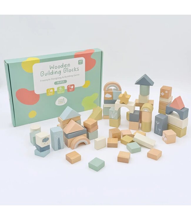 Wooden Building Blocks - 70pc Natural Wood Block Set Ages 2+