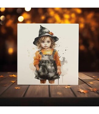 Little Enchantress: Adorable Toddler in Witch Costume Watercolor Tile Art